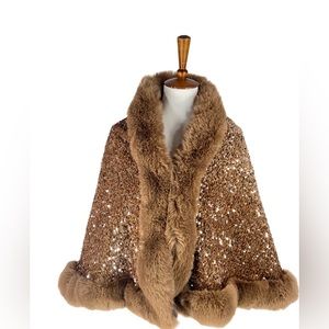 44. Tan Sequin Faux Fur Evening Wrap One Size
